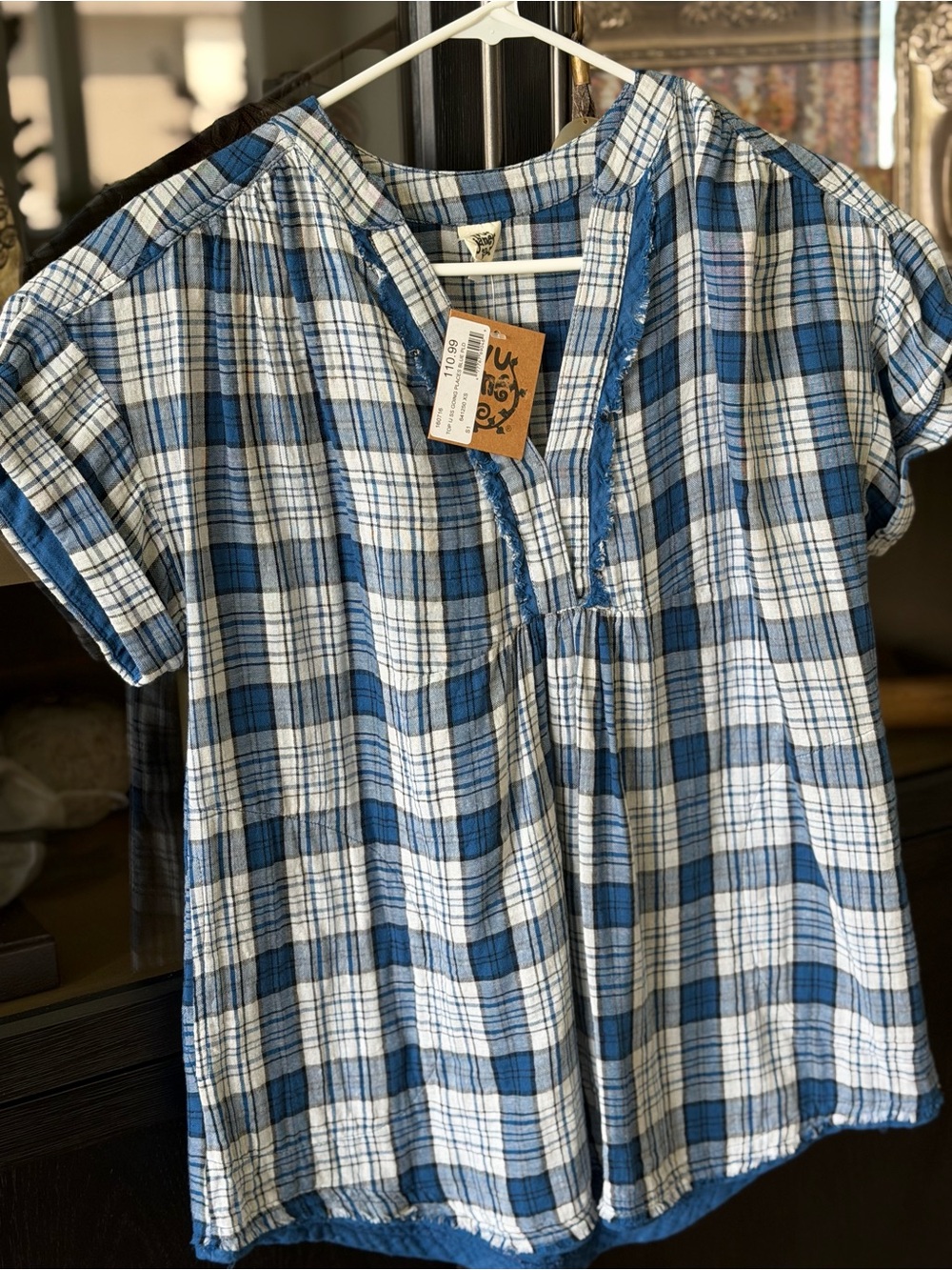 Ivy Jane Blue and White Plaid Short Sleeve Peasant Shirt